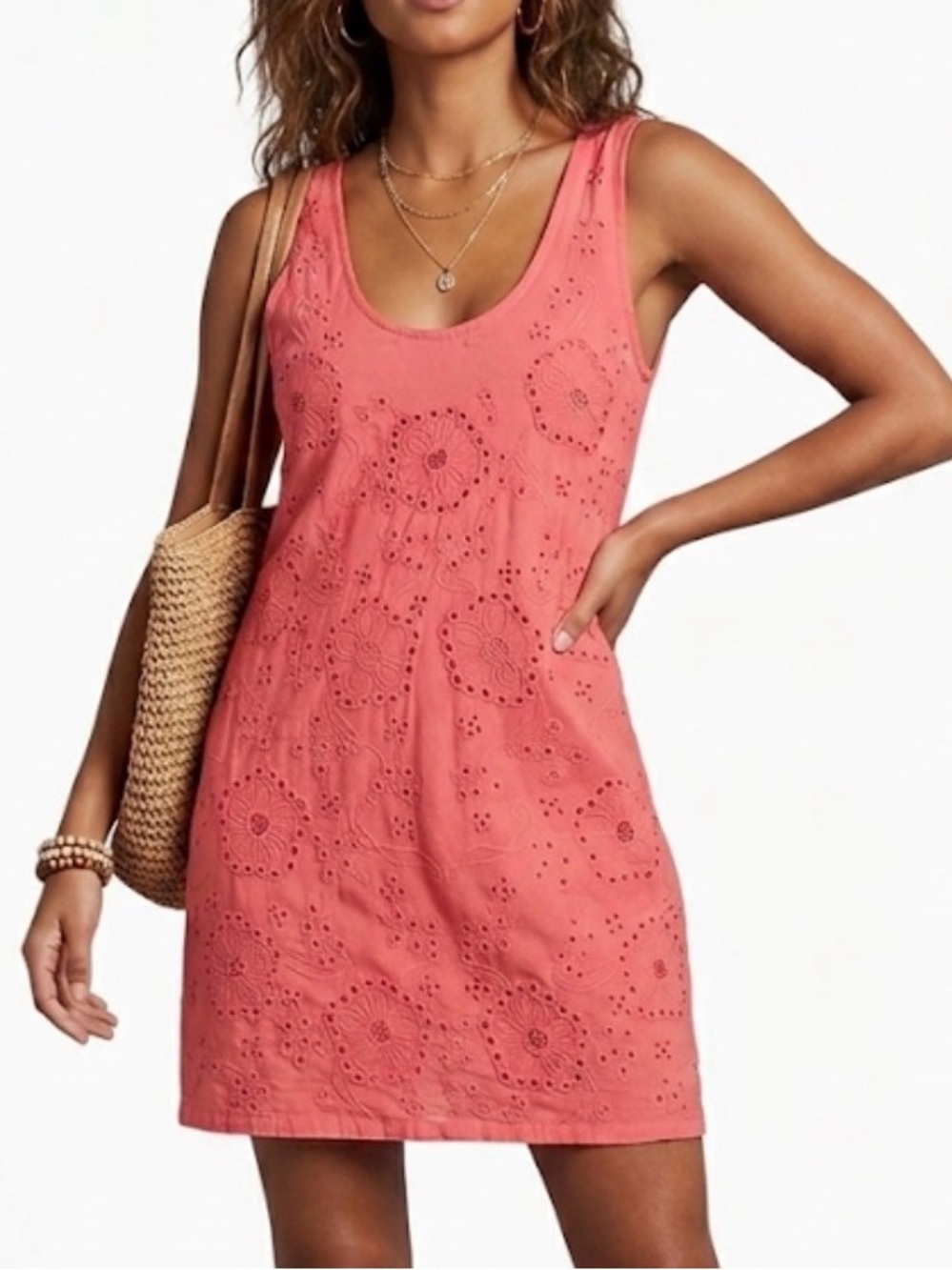 Vintage 90s Far Away Sleeveless Sundress Coral Floral Eyelet Embroidery Small